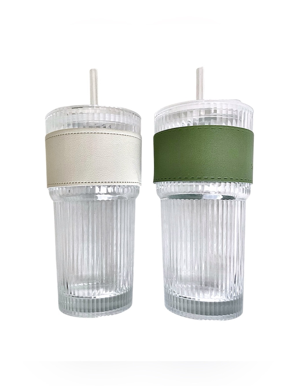 🆕 BNWOT 2 Clear Ribbed 16oz Glasses w/Dual Use Lids Glass Straws +Cleaning Brush